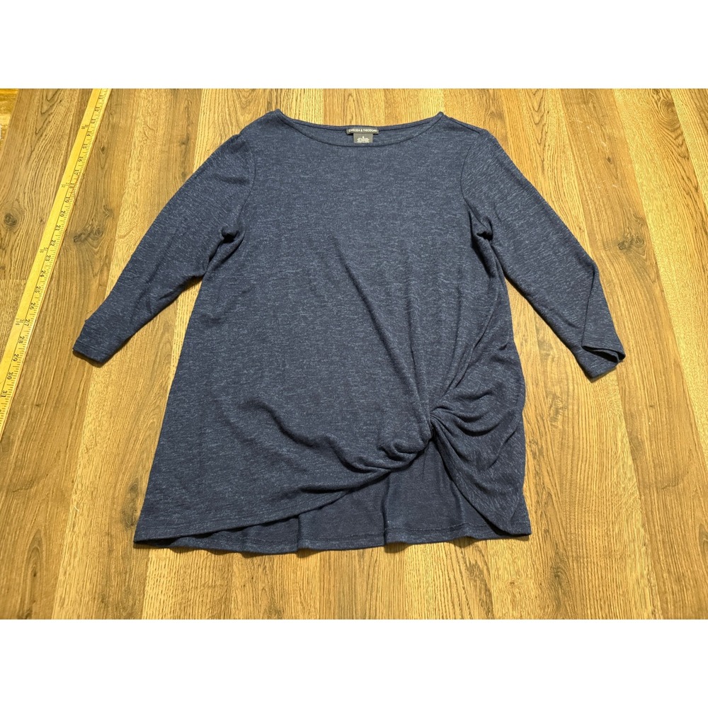 Chelsea & Theodore Shirts Women Size S Dark Blue Heather Side Knot 3/4 Sleeve